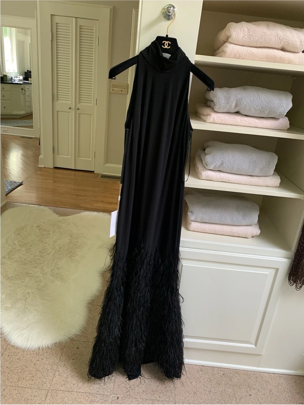 Macduggal Black Sleeveless Feather Hem Maxi Dress